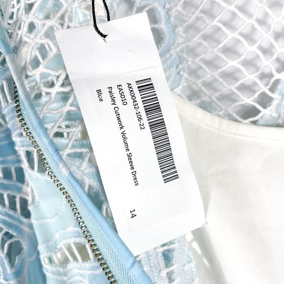 Karen Millen Paisley Lace Cutwork Dress Blue Mini Long Sleeve Sz 10 US - Picture 13 of 15